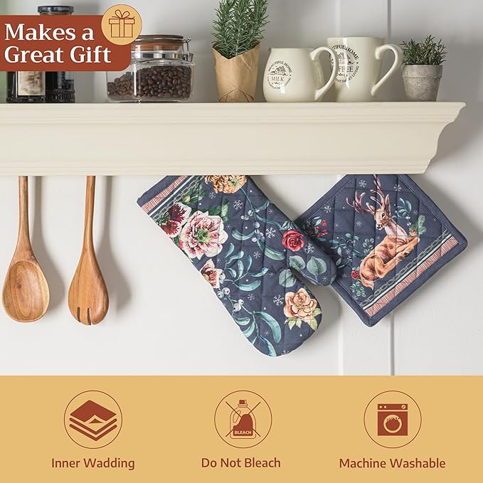Maison d' Hermine 100% Cotton Oven Mitt & Pot Holder Set (7.5"x13" & 8"x8") Heat Resistant BBQ Cooking Gloves with Loop for Thanksgiving Christmas Decorations Handling Hot Pans (Christmas Joy)