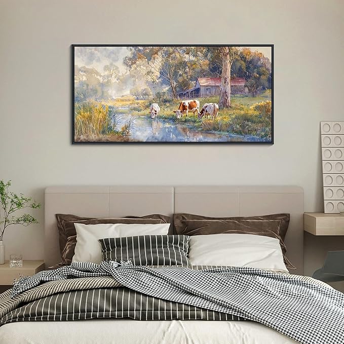 JEAWA Framed Canvas Wall Art - 20x40 IN Watercolor Landscape Painting Ready to Hang, Country Picture with Wooden House and Green Trees, Cow Art Prints for Bedroom Bathroom Home Decoration