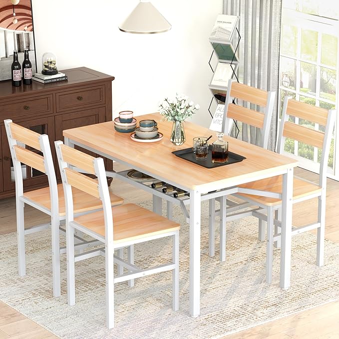 Hooseng Dining Table Set for 4, Wood Kitchen Table Chairs Set with Storage, Farmhouse 5 Piece Dining Room Table Set, Space-Saving Dinette Set for Breakfast Nook, Apartment
