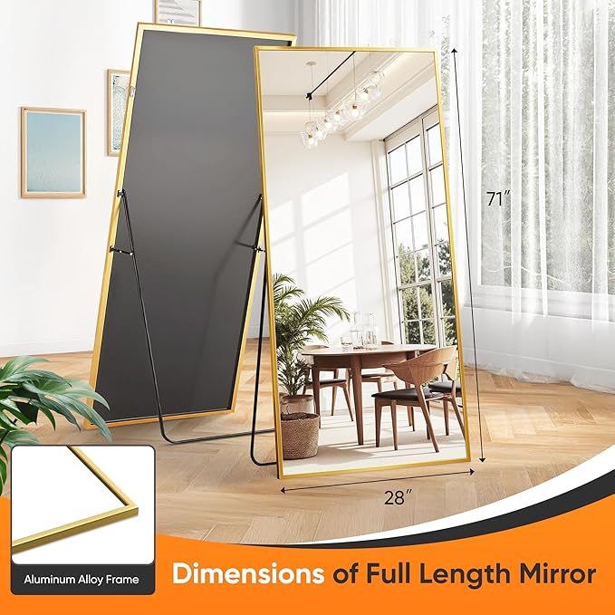 Suidia Full Length Mirror, 71"x28" Floor Standing Mirror Freestanding, Full Body Mirrors with Stand for Bedroom, Hanging Mounted for Living Room Cloakroom, Gold, Rectangular Style