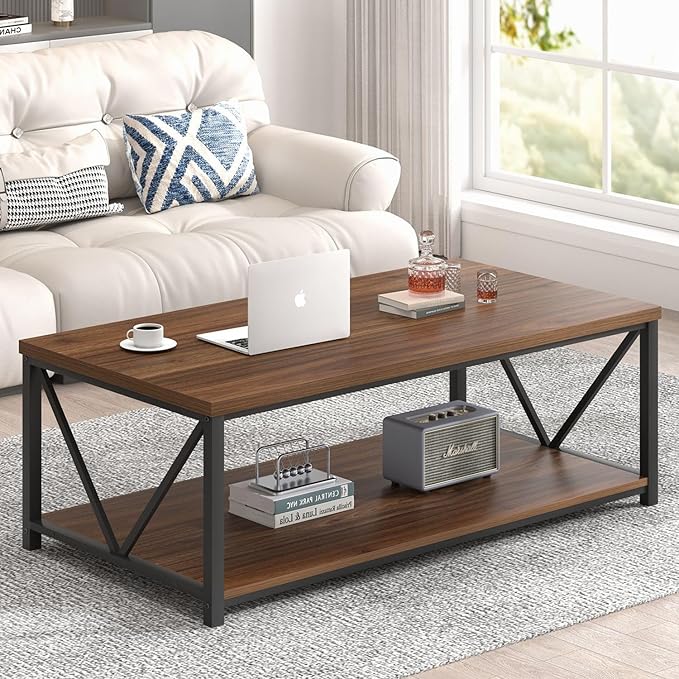 FOLUBAN Modern Coffee Table, Wood and Metal Center Table with Storage, Industrial Cocktail Table for Living Room, Rustic Walnut, 47 Inch