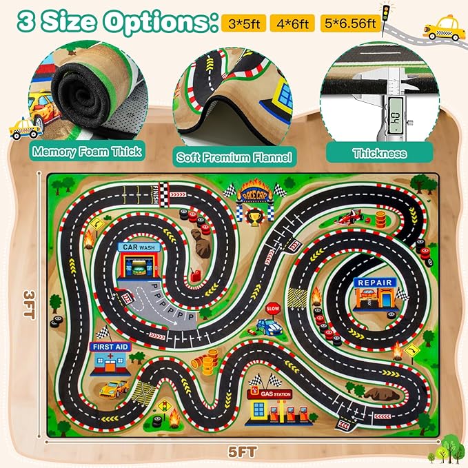 Kids Rug, Race Track Baby Play Mats, 3x5 Ft Kids Rug for Playroom,Extra Thick (0.4in) Realistic 3D Cascading Surround Route, Great for Playing with Cars and Toys, Non-Slip Car Carpet