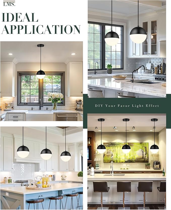 LMS 6-inch Mid Century Pendant Light, Matte Black Pendant Light Fixtures with White Globe Glass, Adjustable Hanging Ceiling Light Fixtures for Dining Room Living Room Bedroom, LMS-186BKS