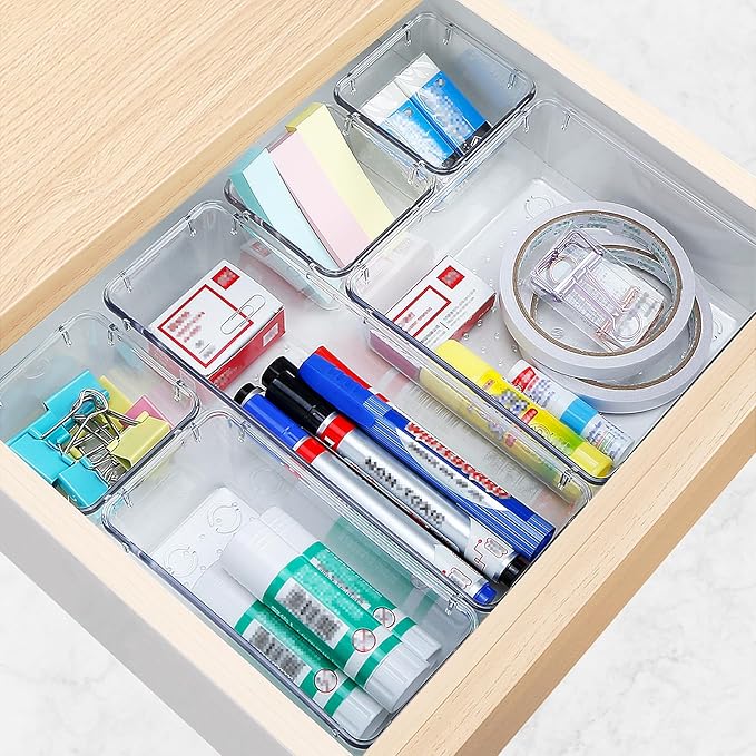 23 PCS Drawer Organizer Set, 5 Varied Size Bathroom and kitchen Drawer cabinet organizer Trays, Clear Storage Bins for Makeup, Jewelry, Utensils and Gadgets