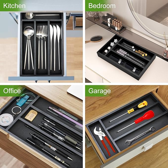 Ayiaren Small Wooden Silverware Organizer Tray Narrow Kitchen Drawer Dividers Utensil Organizers and Storage Black Cutlery Trays Spoon Flatware Organizer for Drawer Bamboo Cutlery Utensil Holder Tray