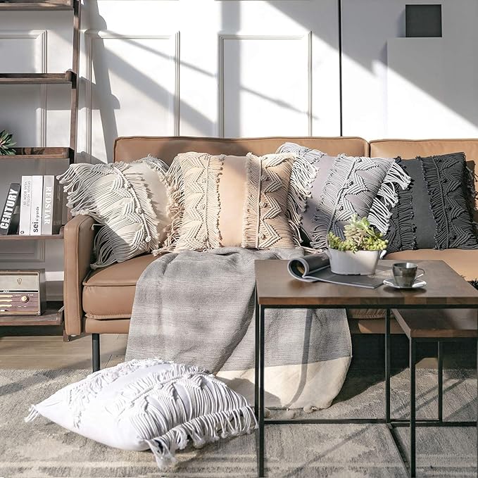 Phantoscope 100% Cotton Handmade Symmetry 3D Crochet Woven Boho Throw Pillow Farmhouse Pillow Insert Included Decorative Cushion for Couch Sofa Grey 18 x 18 inches 45 x 45 cm