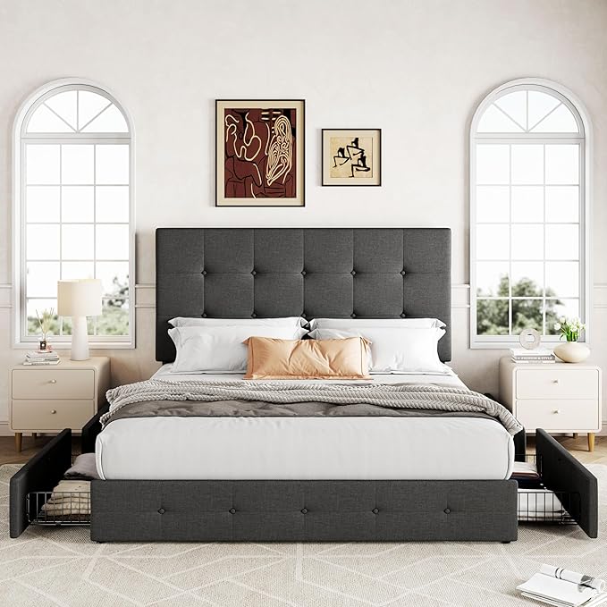 Allewie Upholstered Queen Size Platform Bed Frame with 4 Storage Drawers and Headboard, Square Stitched Button Tufted, Mattress Foundation with Wooden Slats Support, No Box Spring Needed, Dark Grey