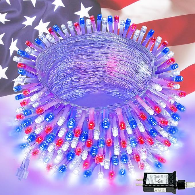 KAQ Connectable 240LED Red White & Blue String Lights Outdoor/Indoor, Extendable Plug in Twinkle Fairy Lights Waterproof with 8 Modes&Timer Function for Garden Bedroom Tree Christmas Decorations