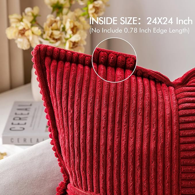 MIULEE Christmas Decorative Euro Sham Throw Pillow Covers for Couch Bed Livingroom 24x24 Inch Set of 2 Red Boho Accent Throw Pllows Broadside Striped Patchwork Soft Corduroy Pillowcases