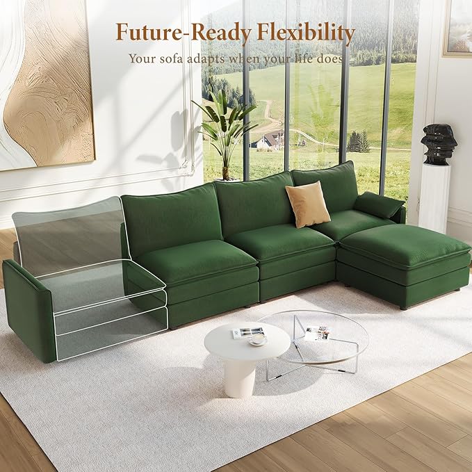 Vesgantti 108" Modular Sectional Sofa, Comfy Cloud Couch with Movable Ottoman Deep Seat Chenille L Shaped Modular Sofa, Sectional Couches for Living Room, Bedroom and Apartment, Green