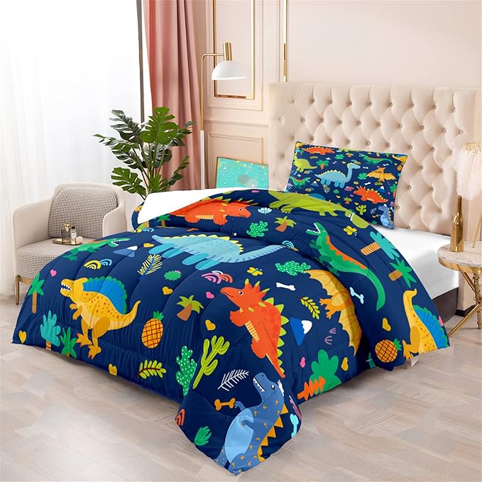 Cartoon Dinosaur Comforter Set for Kids Dark Blue Dinosaurs Twin Comforter Set for Boys Dinosaur Kids Bedding Set Soft Breathable Dinosaurs Quilt with 1 Pillowcase for All-Season, Twin Size