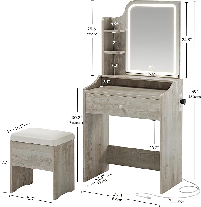 LIKIMIO Small Makeup Vanity Desk with Mirror and Lights, Vanity Table Set with Storage Drawer, Chair and Three Shelves, Bedroom, White Walnuts