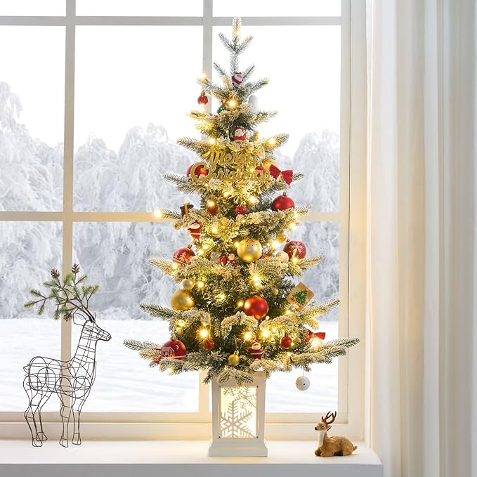 Small Pre-Lit Christmas Tree with LED Lights - 3.5FT Snow Flocked Ariticifial Tree with Snowflake Base, Battery Operated & Auto Timer for Home Office Xmas Decor