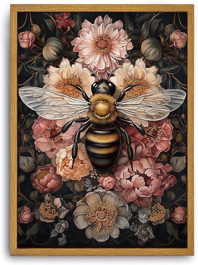 Djmwtb Vintage Framed Wall Art Floral Bee Canvas Wall Art Prints Botanical Flower Painting Cottagecore Pictures Wall Decor Artwork for Living Room Bedroom Bathroom Office 8x10in