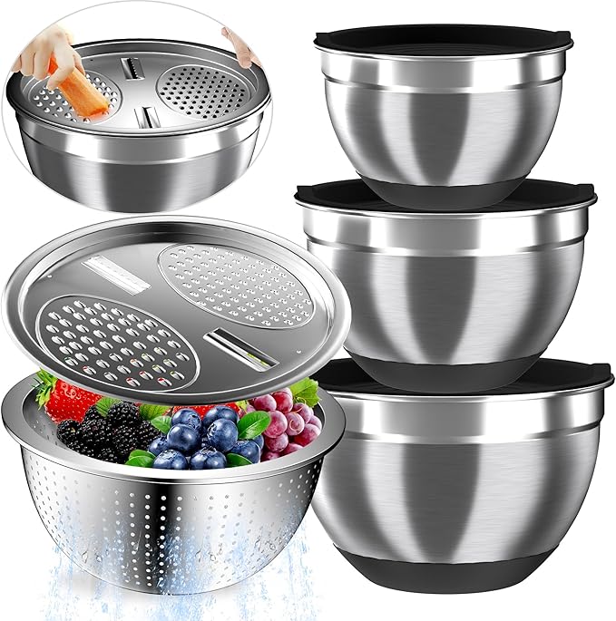 Mixing Bowls with Airtight Lids, Stainless Steel Mixing Bowl Set with 3 Metal Nesting Bowls, Colander & Grater, Non-Slip Bottoms, Size 1.5, 2.5, 5 QT, Great for Mixing & Serving, Black
