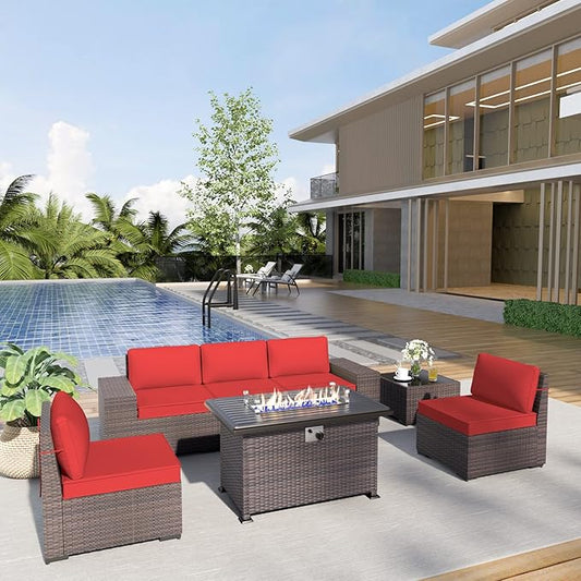 Kurapika 7 Pieces Patio Furniture Set, Rattan Wicker Outdoor Conversation Sets w/43in Propane Fire Pit Table and 4 Inch Cushion(Red)