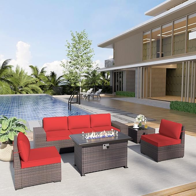 Kurapika 7 Pieces Patio Furniture Set, Rattan Outdoor Conversation Sets w/43in Propane Fire Pit Table and 4 Inch Cushion(Red)