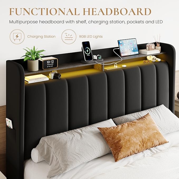 SHA CERLIN Velvet Queen Bed Frame with Vertical Channel Tufted Wingback Headboard & 2 Storage Drawers/2-Tier Shelves with LED Lights & Charging Station/Noise-Free/No Box Spring Needed/Black