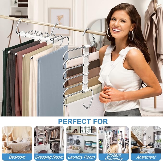 Upgrade 6 Layers Pants Hangers Space Saving, 2 Pack Non Slip Stainless Steel Multifunctional Pants Rack S-Type Pant Closet Hanger Organizer with Hooks for Pants Leggings Trousers, Antiquewhite