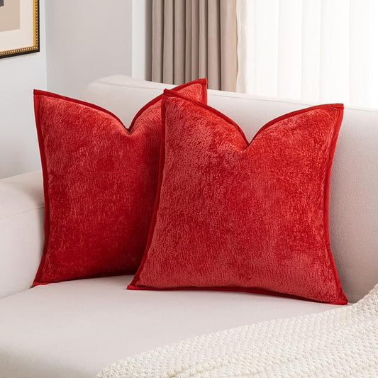 FUTEI Red Chenille Throw Pillow Covers 26x26 Inch Set of 2,Soft Cozy Bound Edge Design Euro Pillow Sham,Home Decor for Couch Bed Living Room