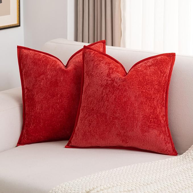 FUTEI Red Chenille Throw Pillow Covers 20x20 Inch Set of 2,Soft Cozy Bound Edge Design Cushion Case,Home Decor for Couch Bed Living Room
