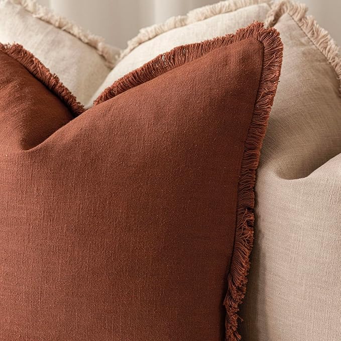 Foindtower Set of 2 Decorative Linen Fringe Throw Pillow Covers Farmhouse Cushion Cover with Tassels Soft Accent Pillowcase for Couch Chair Sofa Bed Living Room Home Decor,16×16 Inch,Fall Rust Orange
