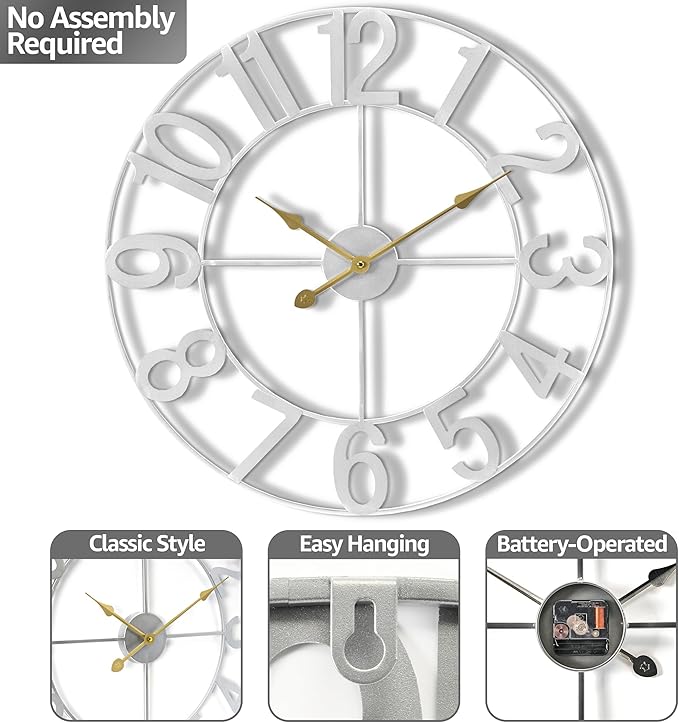 Sorbus 24-Inch Large Wall Clock – Decorative Silver Metal Clock with Gold Hands – Silent, Battery Operated, Modern Wall Decor for Living Room, Kitchen, or Office, Great Gift for Housewarming or Office