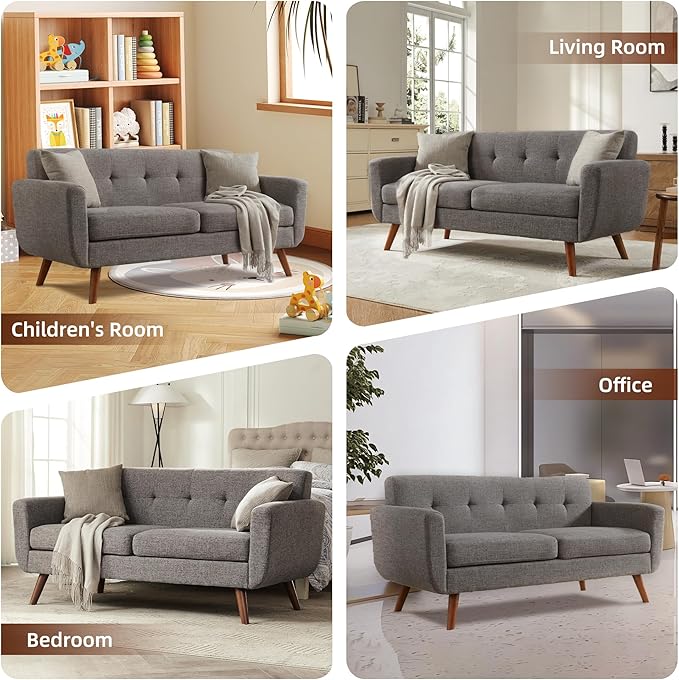 Tbfit 65" W Loveseat Sofa, Mid Century Modern Love Seat Couches for Living Room, Button Tufted Upholstered Small Couch for Bedroom, Solid and Easy to Install Love Seats Furniture, Grey