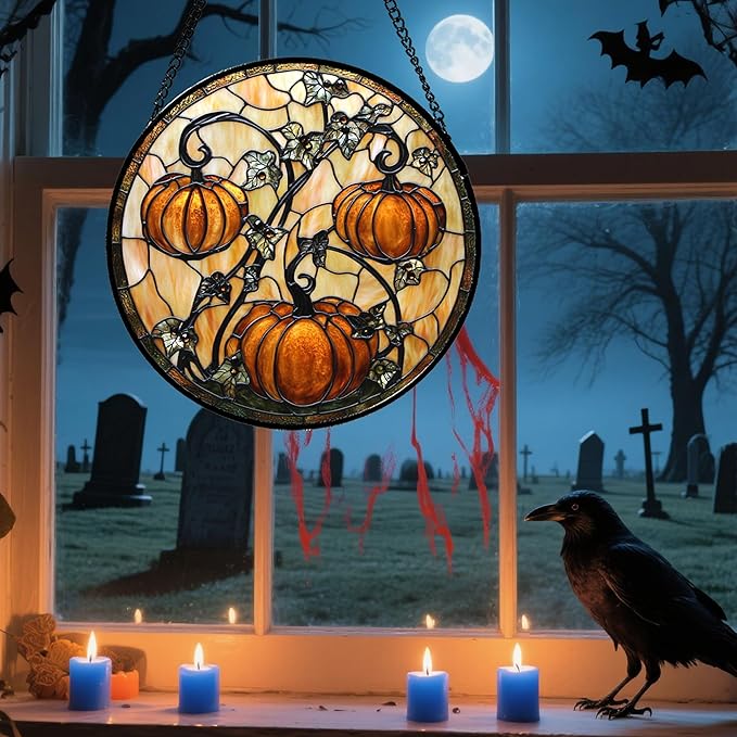 Stained Glass Window Hanging - Halloween Decoration Orange Pumpkin Vine Leaves Suncatcher for Door Garden Spooky Sun Catchers Gothic Decor Horror Gifts for Women Men Friend Boy Girl 7.8 in
