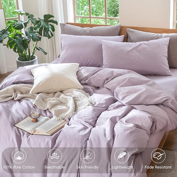 MooMee Bedding Duvet Cover Set 100% Washed Cotton Linen Like Textured Breathable Durable Soft Comfy (Heathered Light Purple, Palatial King/Oversized King 120"x98")