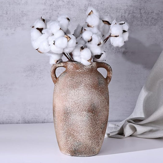 Rustic Farmhouse Ceramic Vase, 9.8" Tall Vintage Pottery Vases, Terracotta Decorative Boho Pampas Flower Vase, Suitable for Home Decor Living Room Entryway Table Bookshelf Mantle Shelf Decor