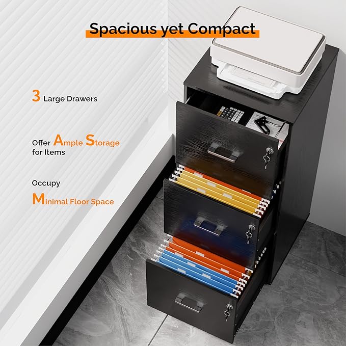 VINGLI 3 Drawer File Cabinet with Lock, Home Office Filing Organizer, for Letter Size File Folder Storage, Wood Tall Vertical Filing Cabinet, Printer Stand, Archivador (Black)