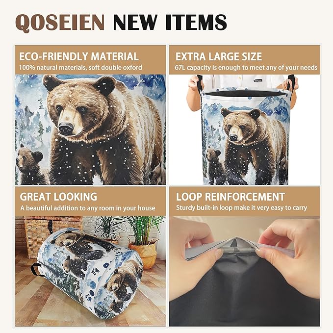 Bear Bear Collapsible Laundry Baskets,Paws Forest Laundry Hamper,Storage Basket with Handles for Bathroom Bedroom College Dormitory Living Room Nursery Organizer 16"x20"