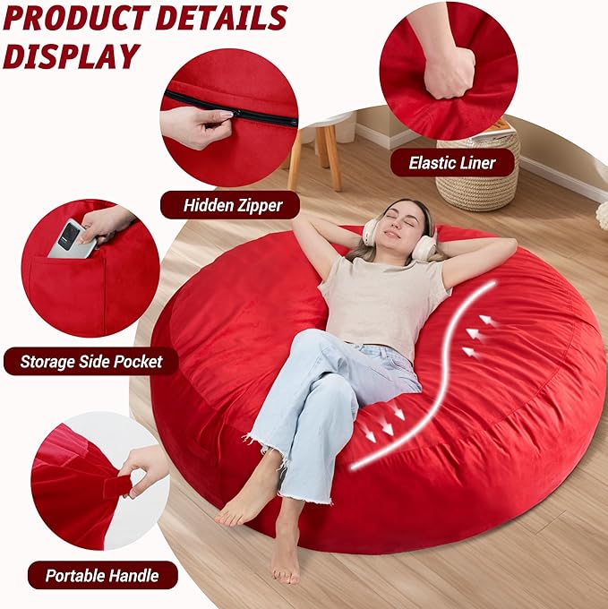 7FT Bean Bag Chair with Ultra Soft Velvet Cover Bean Bag Sofa with Memory Foam Bean Bag Chairs with Large Size Lazy Sofa for Dorm Office Living Room Bedroom Red 7'