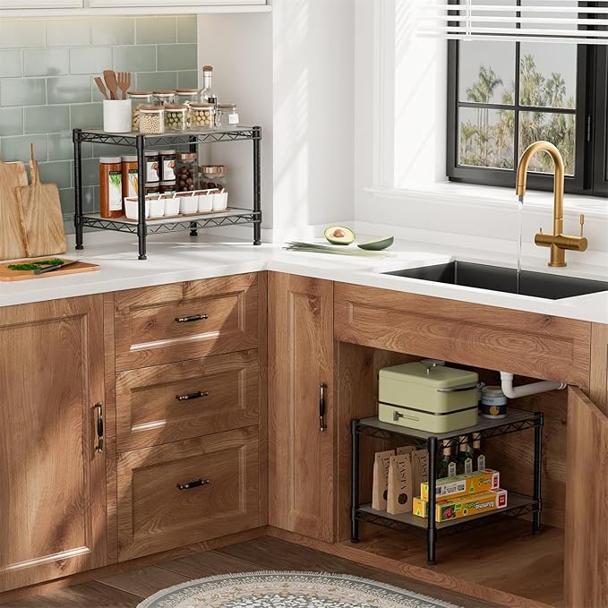 Small 2 Tier Shelves Storage Wire Shelving Unit Metal Shelf Adjustable Organizers Storage Shelving with Wheels for Bathroom Laundry Room Kitchen Pantry12”D x 18”W x 12.2”H Black