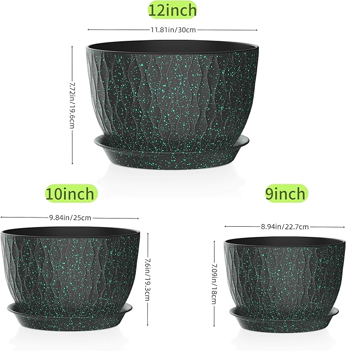 12/10/9 Inch Plant Pots, 3 Pack Large Flower Pots for Indoor and Outdoor Plants with Water Ripples, Large Plastic Flower Pots with Drainage Holes and Tray for Garden Indoor Plants