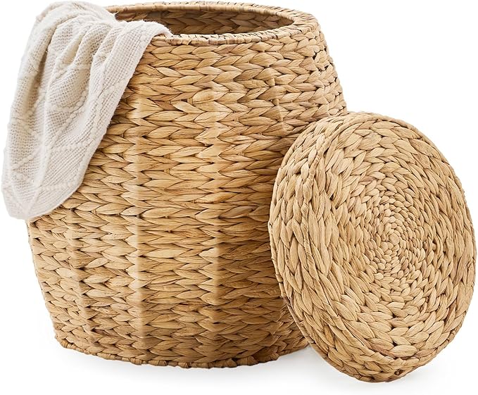 Round Wicker Basket with Lid, Handwoven Water Hyacinth Storage Basket, Blanket Organizer Basket for Laundry, Bathroom, Bedroom, Living Room, Office