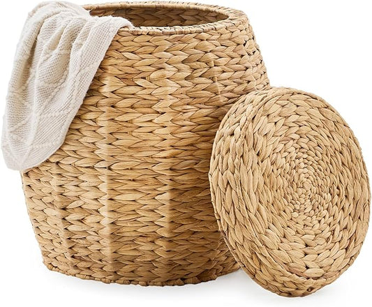 Round Wicker Basket with Lid, Handwoven Water Hyacinth Storage Basket, Blanket Organizer Basket for Laundry, Bathroom, Bedroom, Living Room, Office