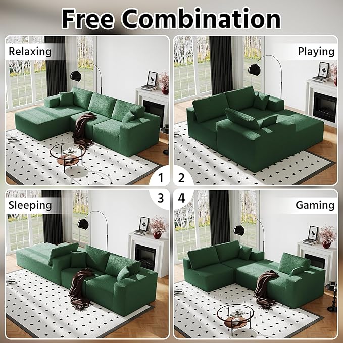 108" Cloud Modular Sectional Couch with L-Shape Chaise, Modern Sectional Sofa with Deep Seat Couch, Ultra Soft Knit Fabric Couches for Living Room, No Assembly Required, Left Facing Chaise (Green)