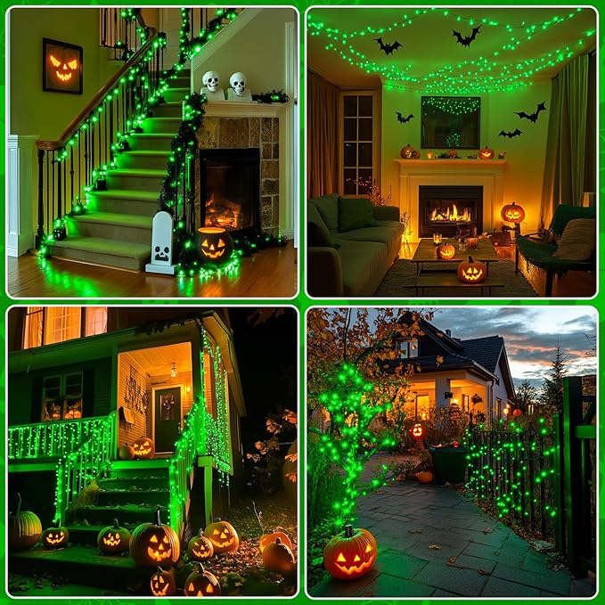 JMEXSUSS Green Halloween Lights Outdoor, 132ft 400 LED Halloween String Lights Plug in with Remote, Indoor Green Light for Porch Tree House Yard Christmas Decorations
