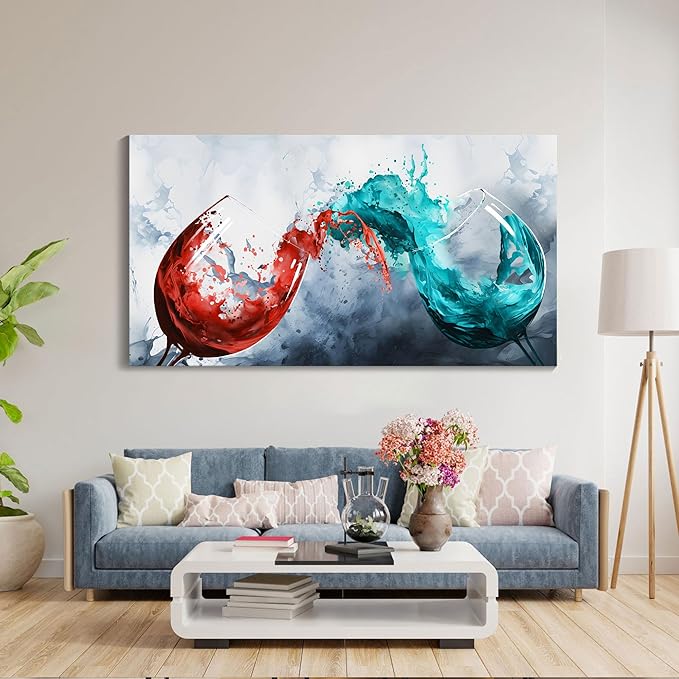 Pogusmavi Dining Room Wall Art Wine Glass Canvas Wall Pictures Kitchen Art Wall Decor Blue & Red Wine Cups Painting Modern Wall Art for Living Room Office Artwork Wall Decor 30x60IN