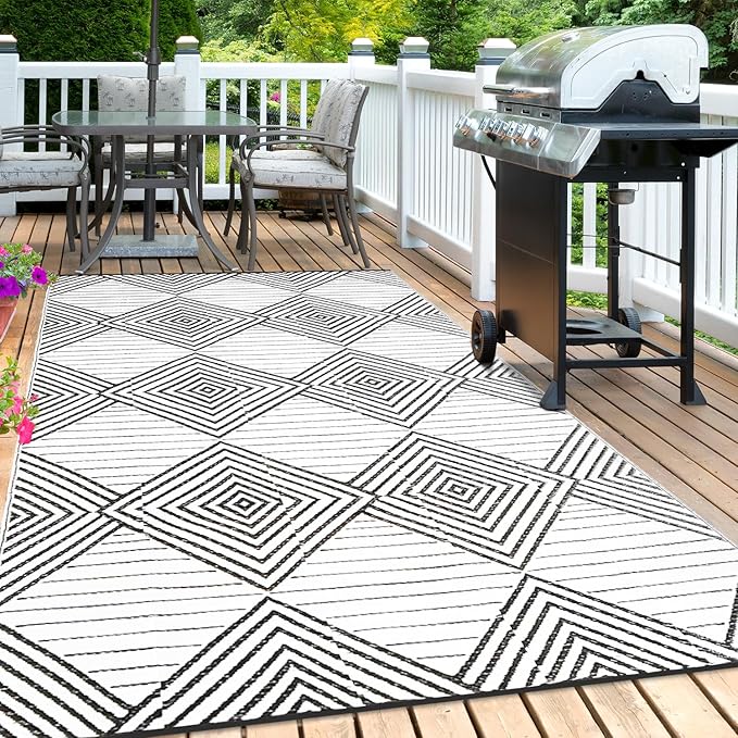 Waterproof Outdoor Rug 8x10ft, Foldable Reversible Plastic Straw Mat for Patio RV Deck Porch Backyard Balcony Camping Picnic Beach Indoor Outdoor Carpet, Black&White