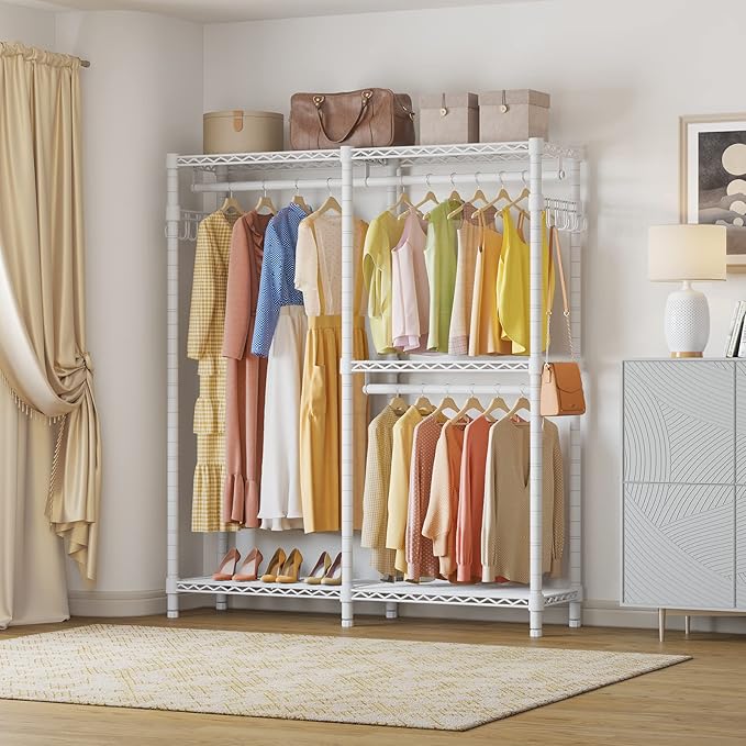 VIPEK V4 Garment Rack for Hanging Clothes, Portable Wardrobe Freestanding Closet Organizer, Heavy Duty Clothes Rack Metal Clothing Rack with 3 Hanging Rods & 2 Side Hooks, Max Load 810lbs, White