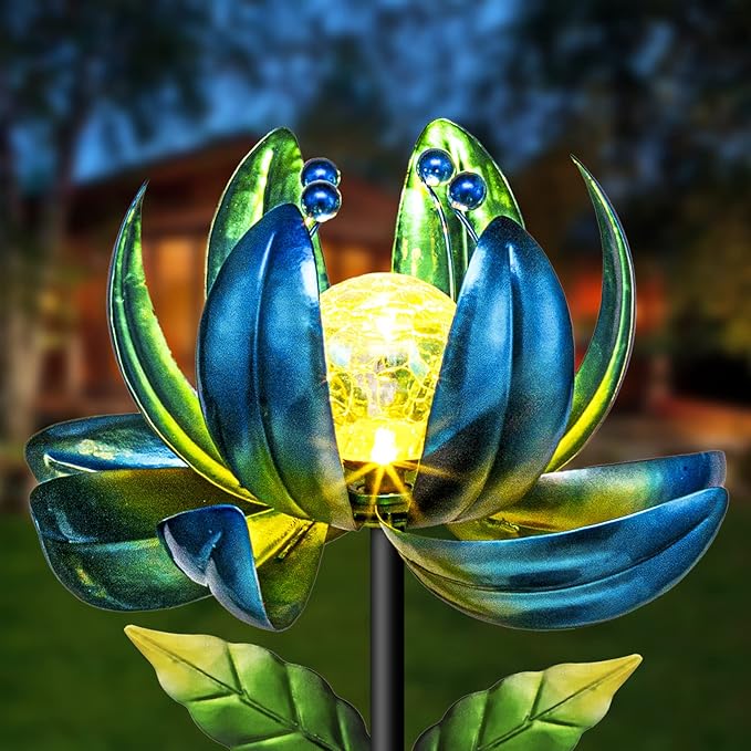 Huaxu Solar Outdoor Lights 35.4In Garden Decor Flower Wind Spinners,Waterproof LED Crackle Glass Globe Blue Lotus Art Metal Stake for Lawn Patio Pathway Yard Porch Driveway Decorations Gift