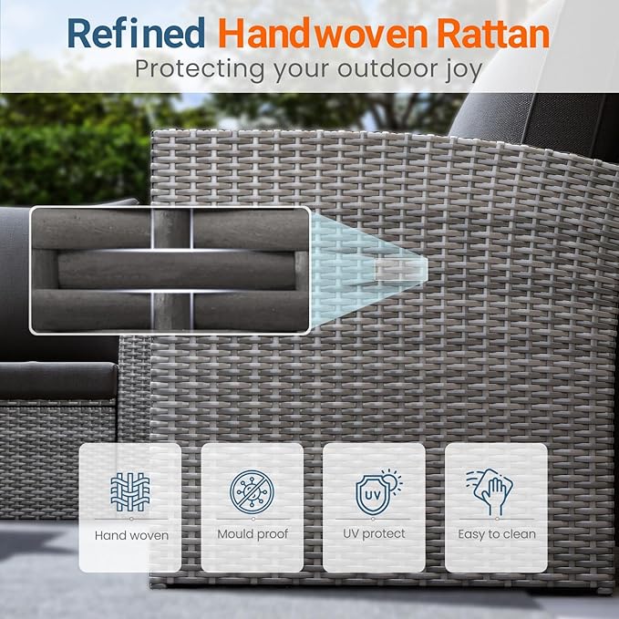 Wisteria Lane 4 Piece Patio Furniture Set, Wicker Outdoor Patio Conversation Furniture Set, All Weather Outdoor Patio Sofa with Cushion and Glass Table, Dark Grey