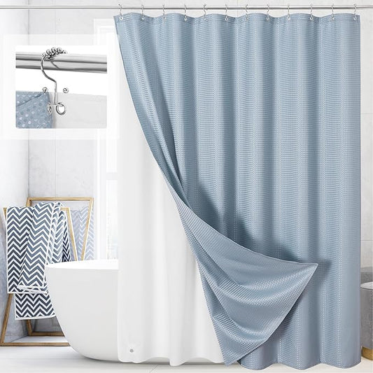 3 in 1 Long Blue Shower Curtain Set-72 W x 78 H, Fog Blue Waffle and PEVA Liner Set with 12 Stainless Steel Hooks, Waterproof Fabric for Bathroom