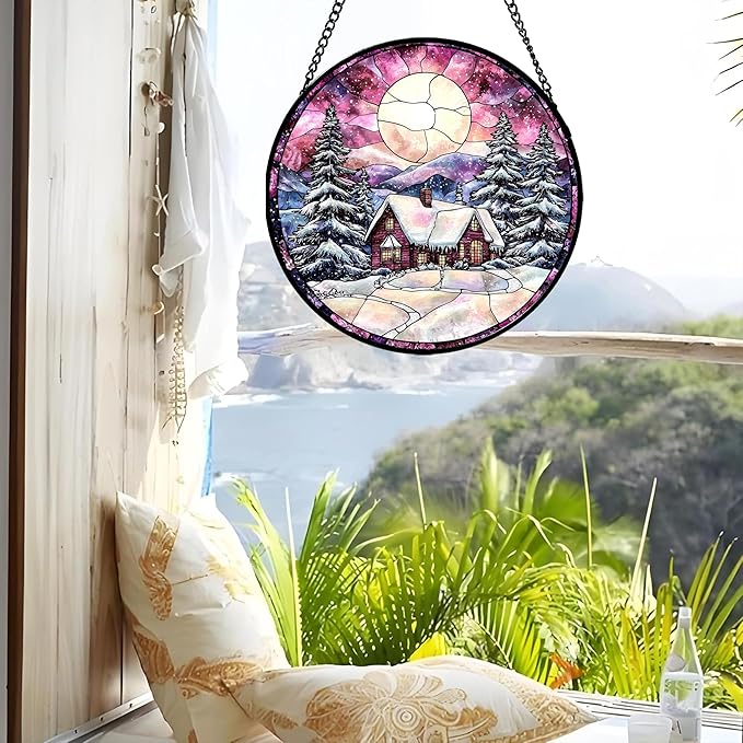 Stained Glass Window Hanging - Winter Snow Scene Cabin Moon Sun Catcher for Door Garden Home Decor Pine Tree Suncatcher Christmas Mother's Day Birthday Gifts for Women Men Mom Nana 6.3 in