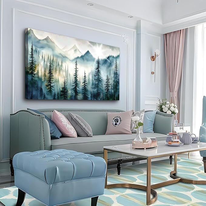 Lapremoly Fog Forest Landscape Pictures Large Wall Art For Living Room Bedroom Canvas Prints Wall Decor Office Modern Wall Painting Home Decor Artwork Blue Abstract Wall Decorations Ready To Hang