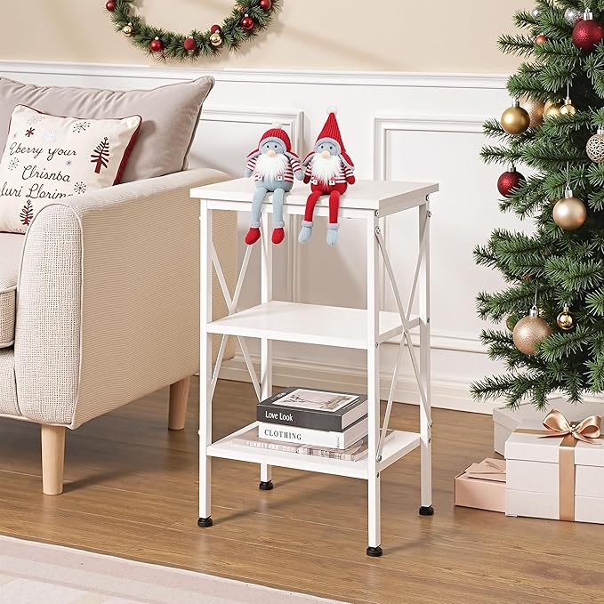 VECELO End Table Set of 2, Bedside Table, 24" Tall Living Room End Tables, X-Design Reinforced Nightstands, Side Table with 3-Tier Storage Shelves for Small Spaces, Office, Bedroom, Pearl White
