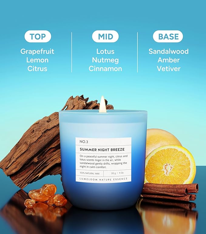 Summer Night Breeze Scented Candle, 11oz Aromatherapy Soy Wax Candles for Home Scented, Long Lasting, Fruits, Flower, Wood Scent Gift for Men, Women, Friends, Relaxation & Stress Relief